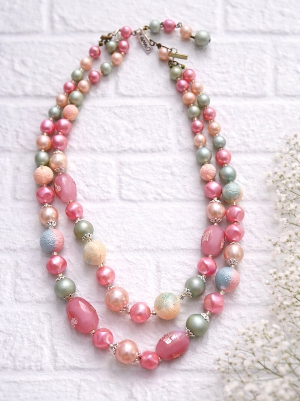 Vintage Japan Pastel Pink & Mint Multi-Strand Beaded Necklace Mid-Century